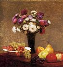 Table Paintings - Asters and Fruit on a Table by Henri Fantin-Latour